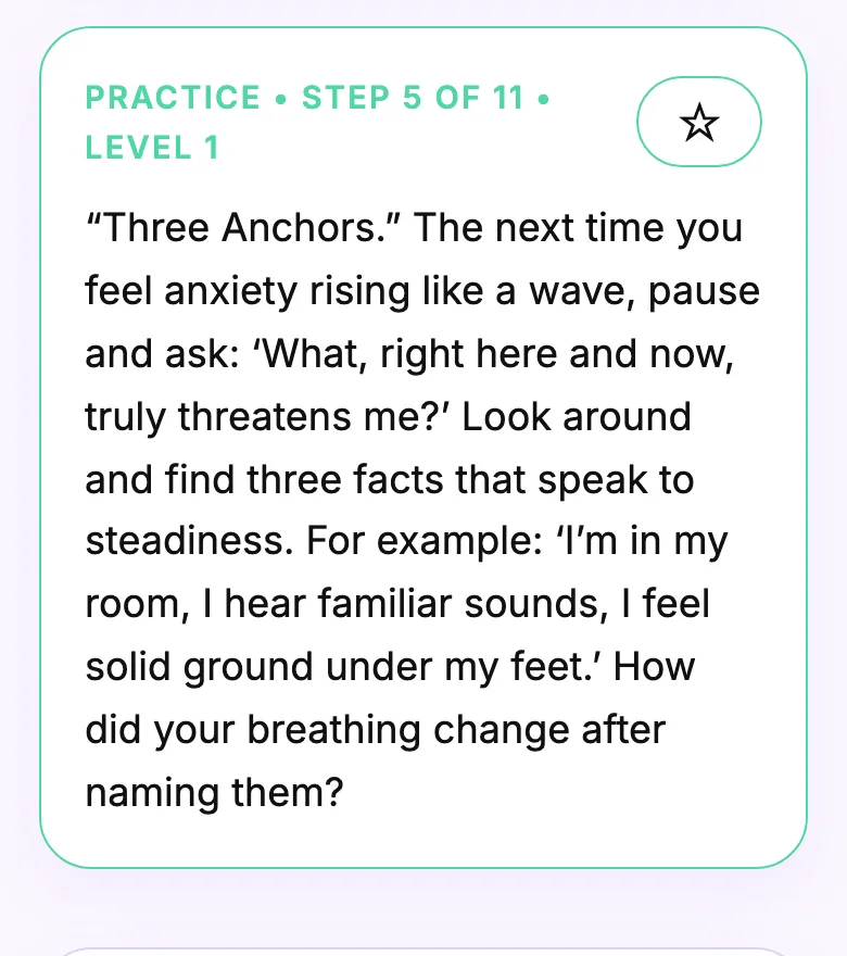 WholeBing on iPhone: the practice Three Anchors, Practice 1 of 5