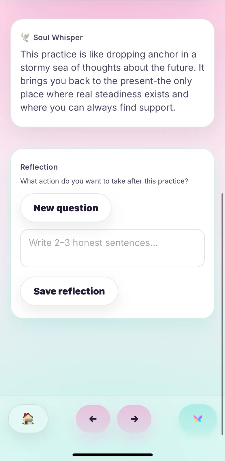 Soul Whisper card after a practice, with a reflection question and space to write