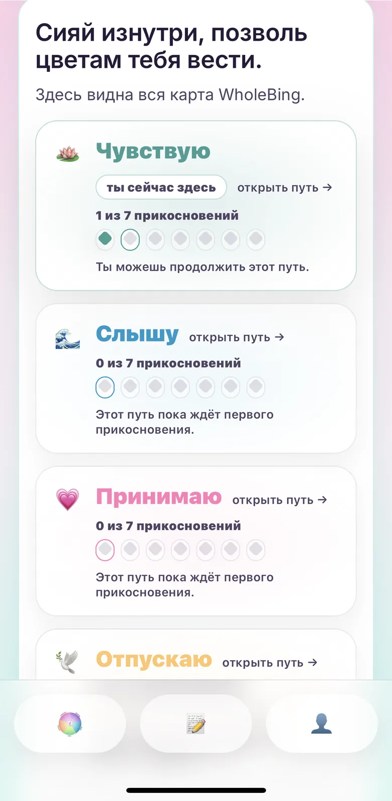 Главный экран WholeBing: пять путей, Чувствую, Слышу, Принимаю, Отпускаю, Соединяюсь, и прогресс по семи уровням в каждом
